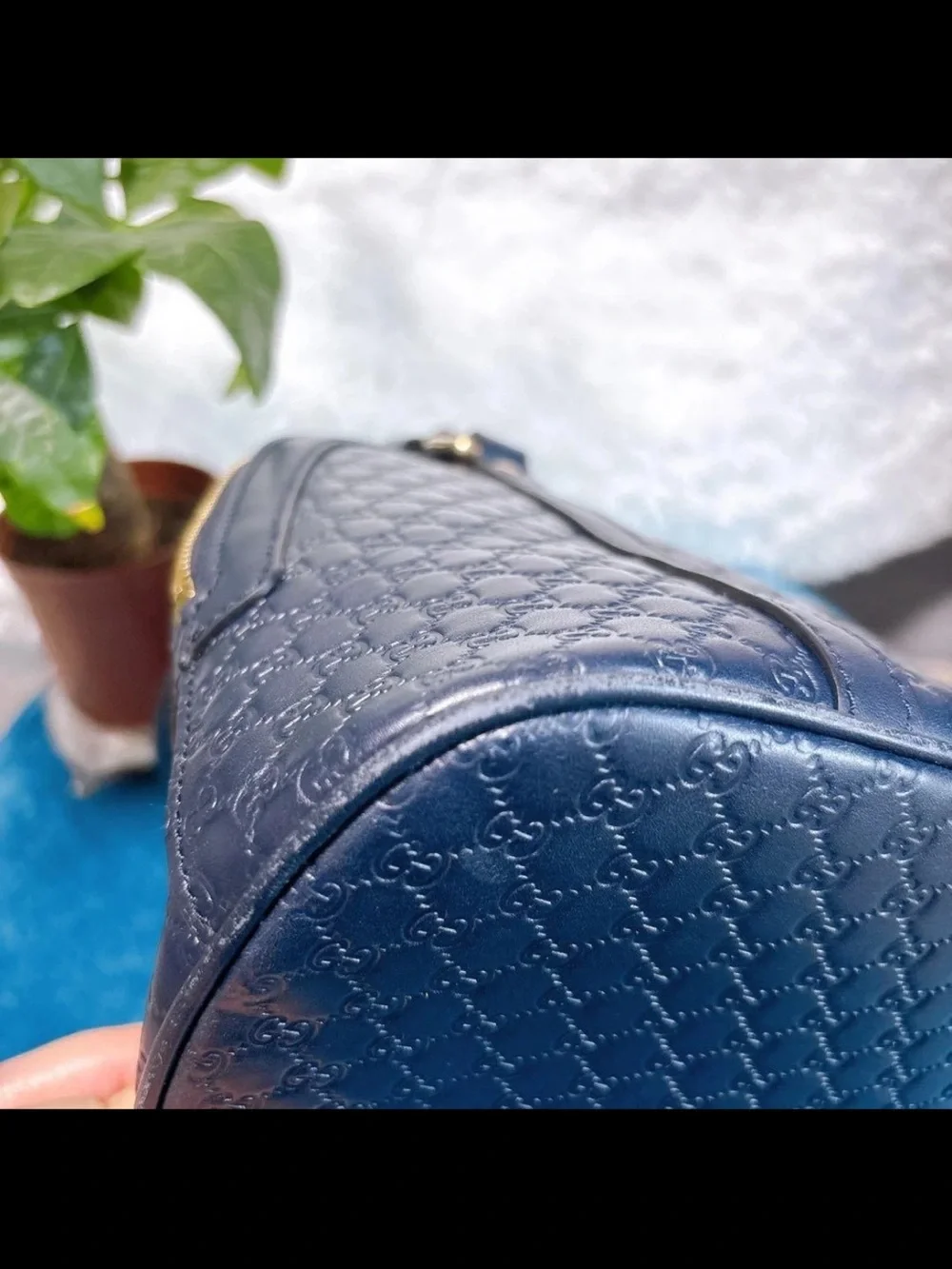 Gucci Navy Embossed GG Dome Satchel with Gold Hardware
